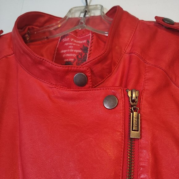 Yest Fashion Bright Orange Faux Leather Moto Jacket - Picture 2 of 6